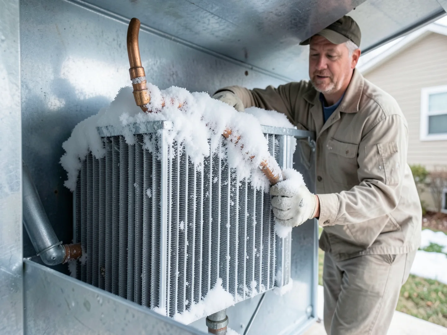 Thick white ice accumulation coating copper suction line and indoor A-coil from airflow restriction