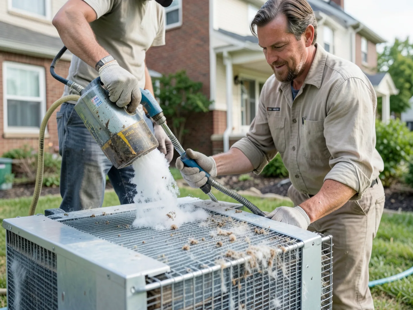 Biodegradable coil cleaner foaming between aluminum condenser fins removing cottonwood and grime