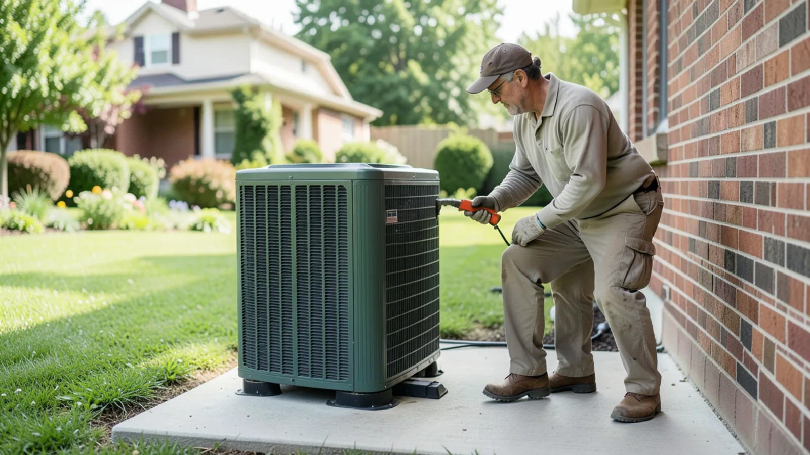 Residential central air conditioning condenser unit operating quietly on concrete pad beside an exterior brick wall in a Hinsdale yard