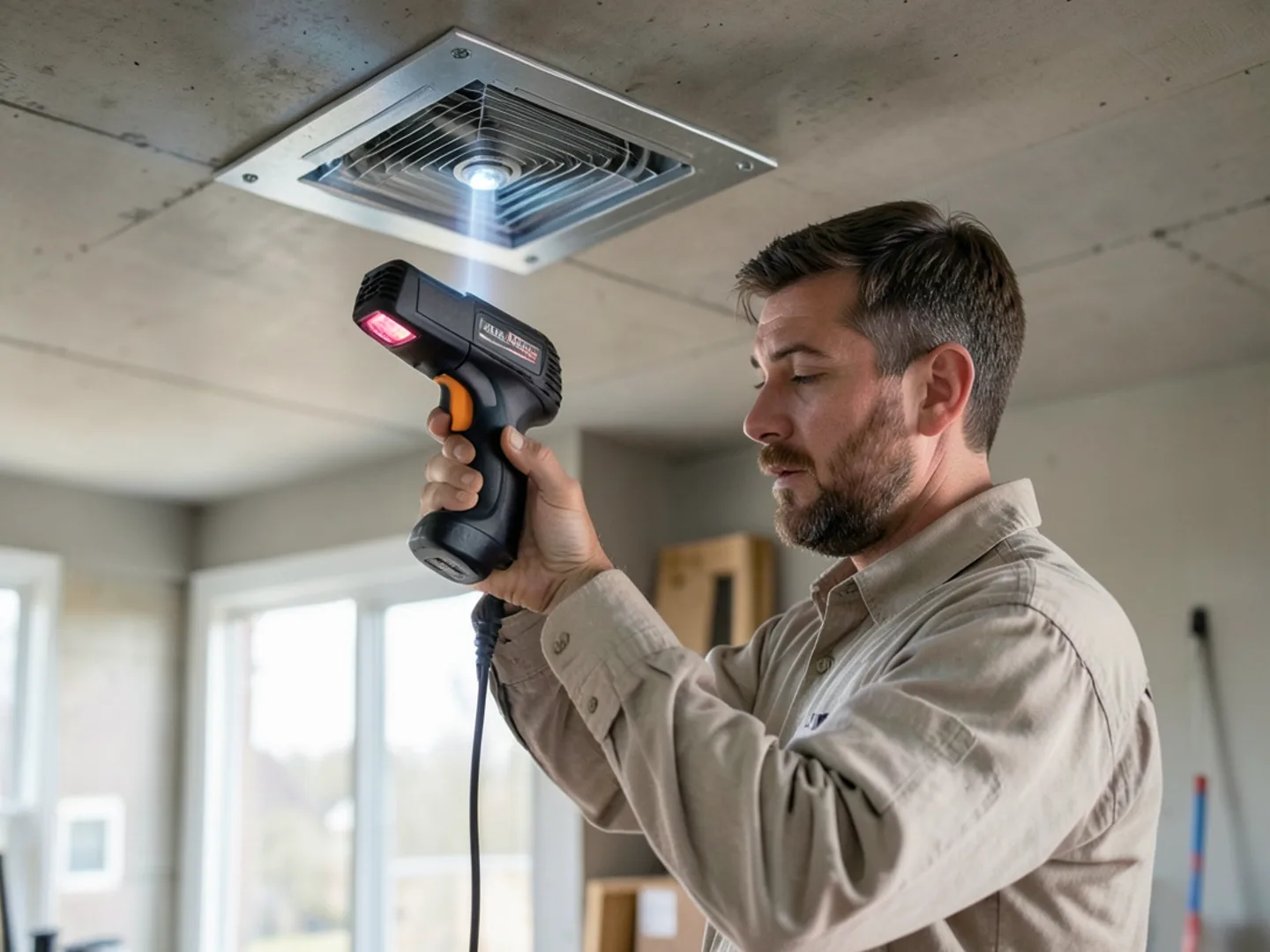 Handheld infrared temperature gun laser aimed at ceiling supply diffuser register displaying 56 degrees