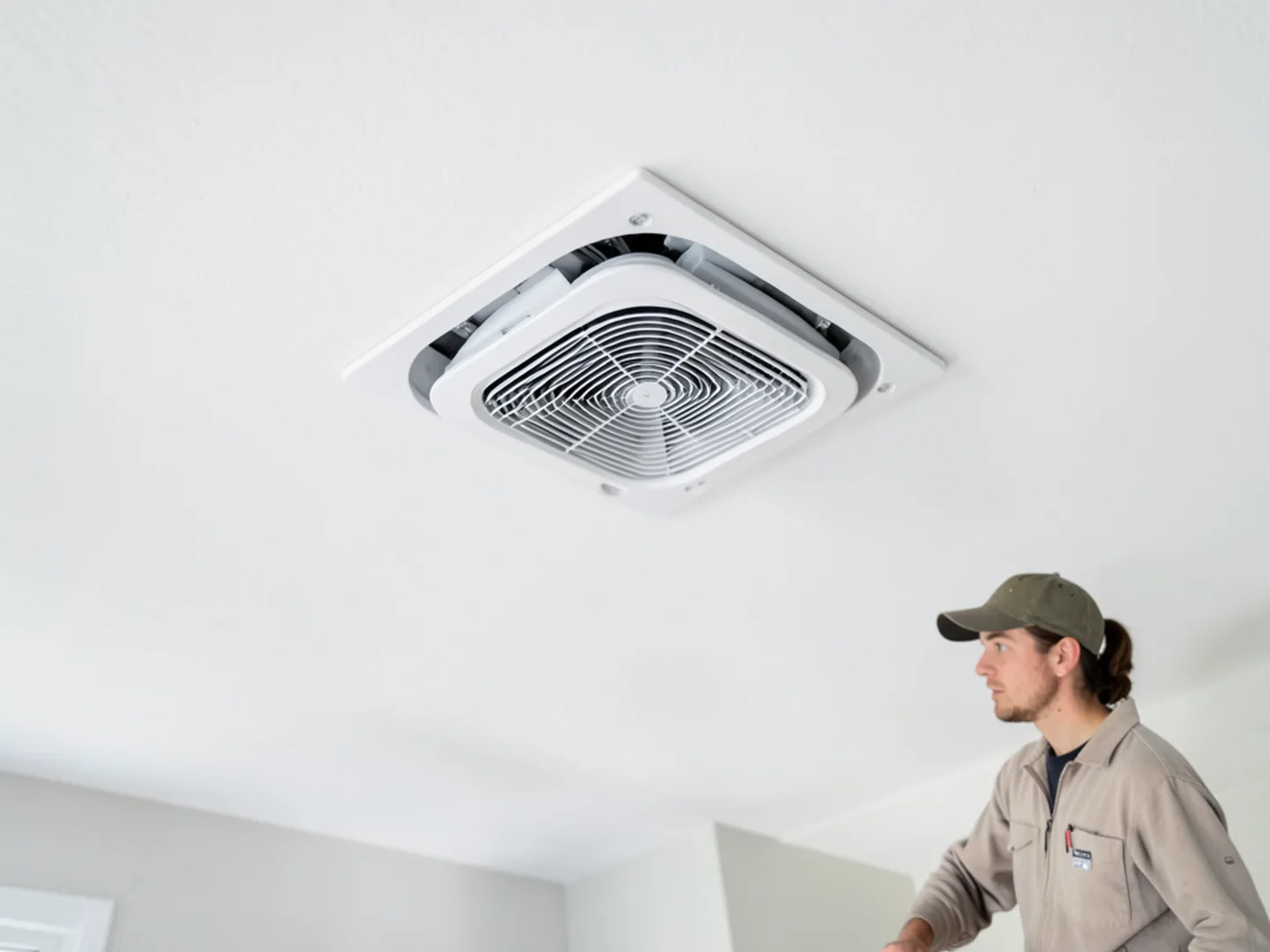 Square four-way ceiling cassette mini-split indoor unit installed flush in white plastered ceiling