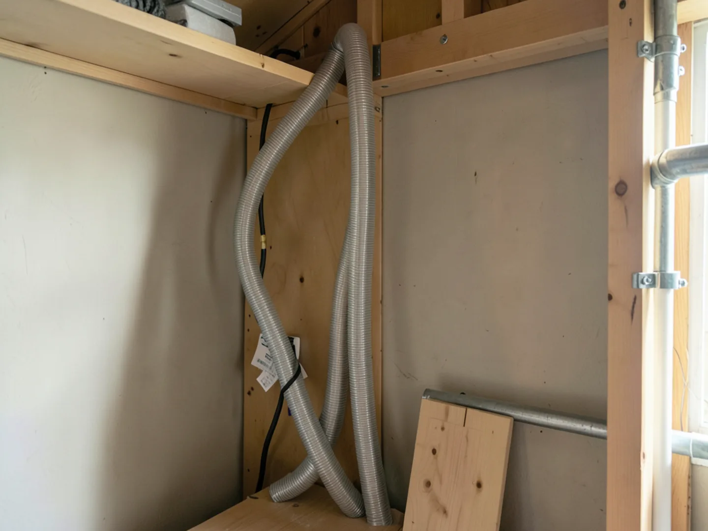 Flexible high-velocity 2-inch mini-duct supply run neatly routed through bedroom closet corner
