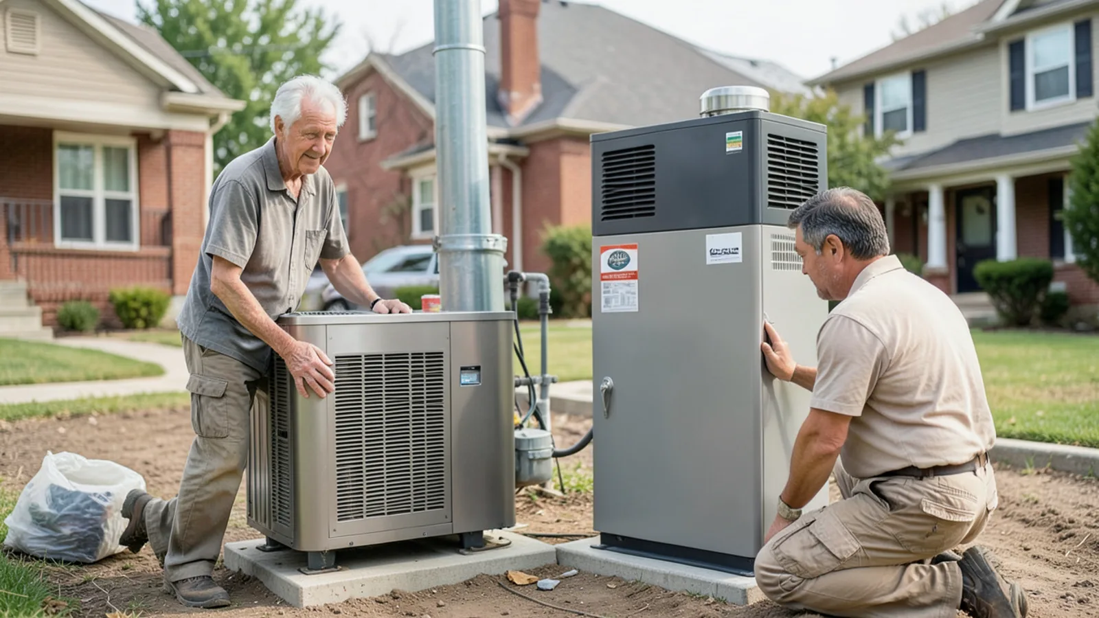 HVAC technician reviewing printed equipment cost options with homeowner at kitchen table