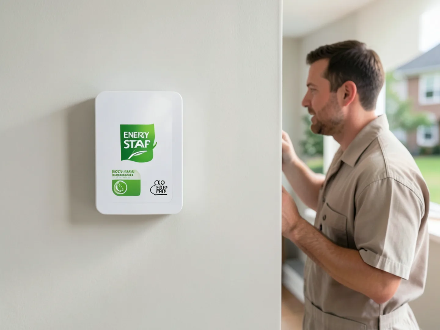 Smart digital touchscreen thermostat displaying energy savings leaf icon and rebate qualification