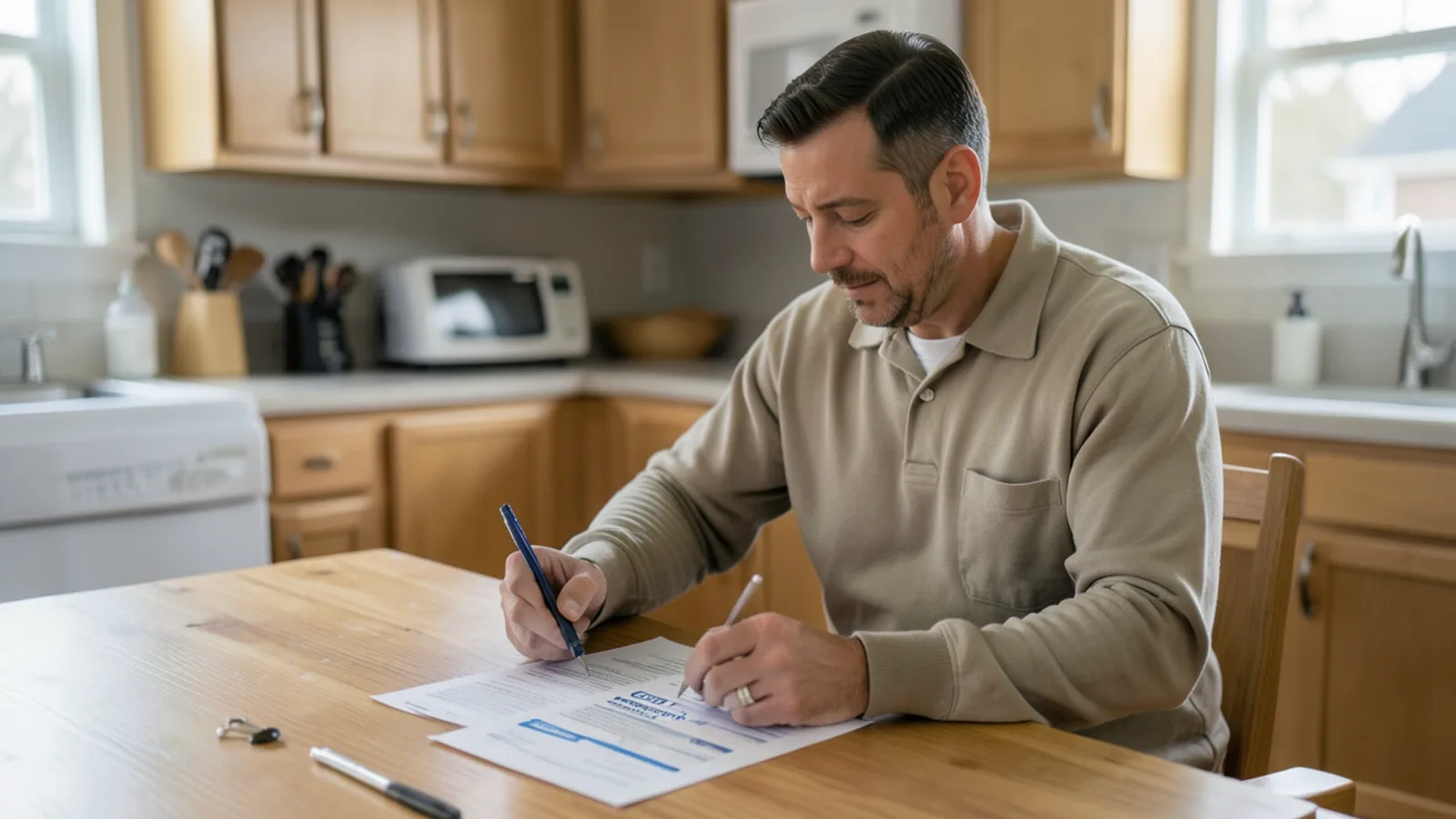 Homeowner reviewing electric and gas utility bill worksheets on tablet computer at kitchen table