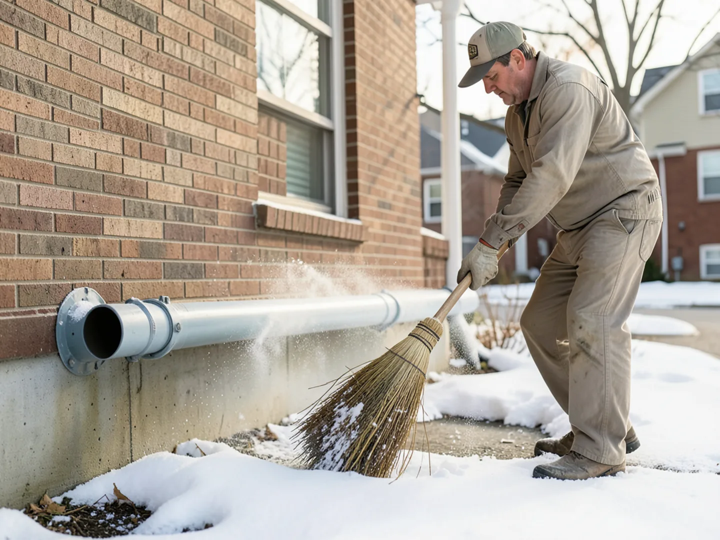 Homeowner clearing snow drifts away from white PVC furnace intake and exhaust pipes with plastic shovel