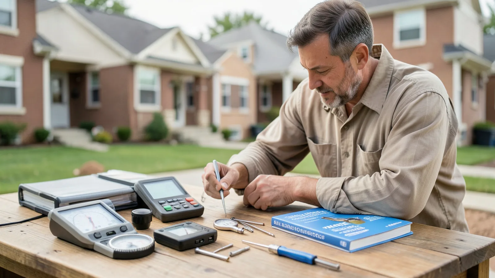 HVAC technician clipboard and digital diagnostic equipment on a clean workbench