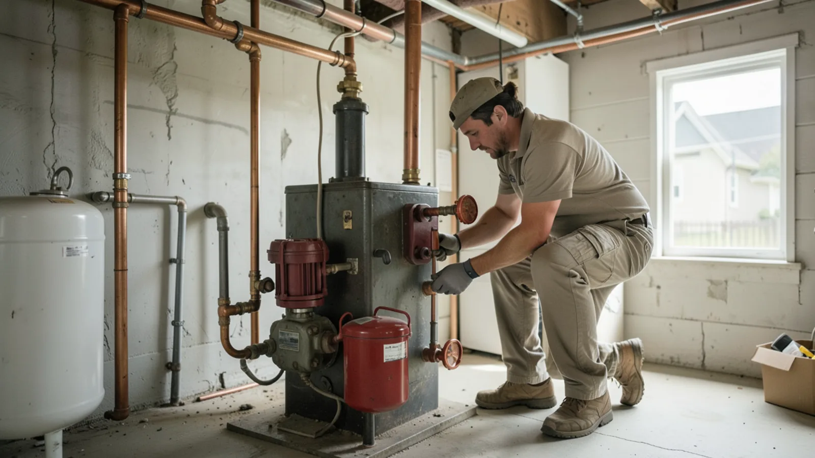 Basement hydronic heating room in Hinsdale with cast-iron residential gas boiler and green circulator pumps