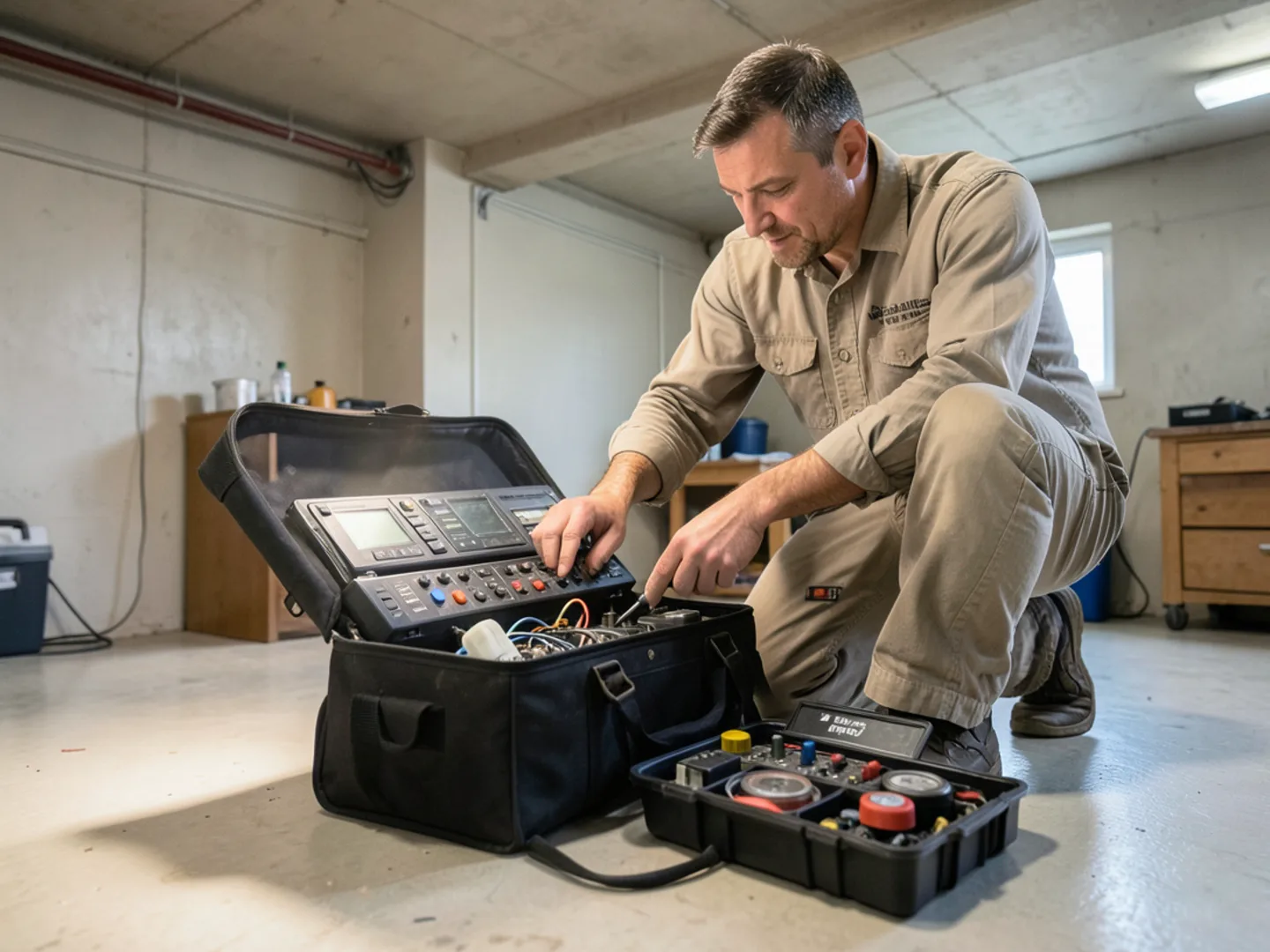 Compact electronic combustion efficiency analyzer sampling flue gases under work floodlight