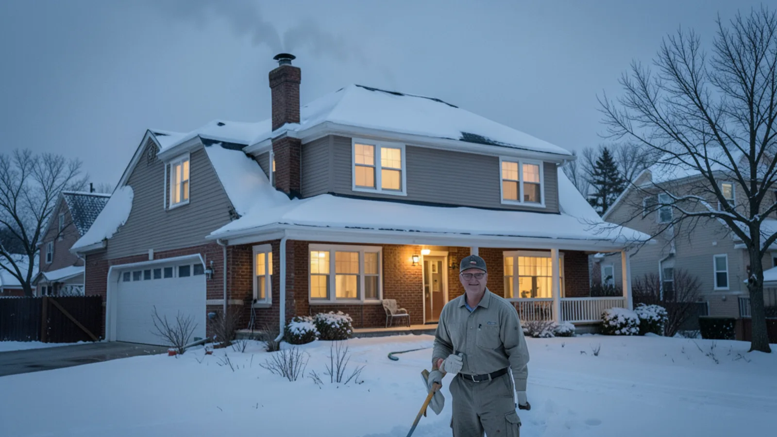 HVAC service van with headlights illuminating dark suburban driveway during winter emergency call
