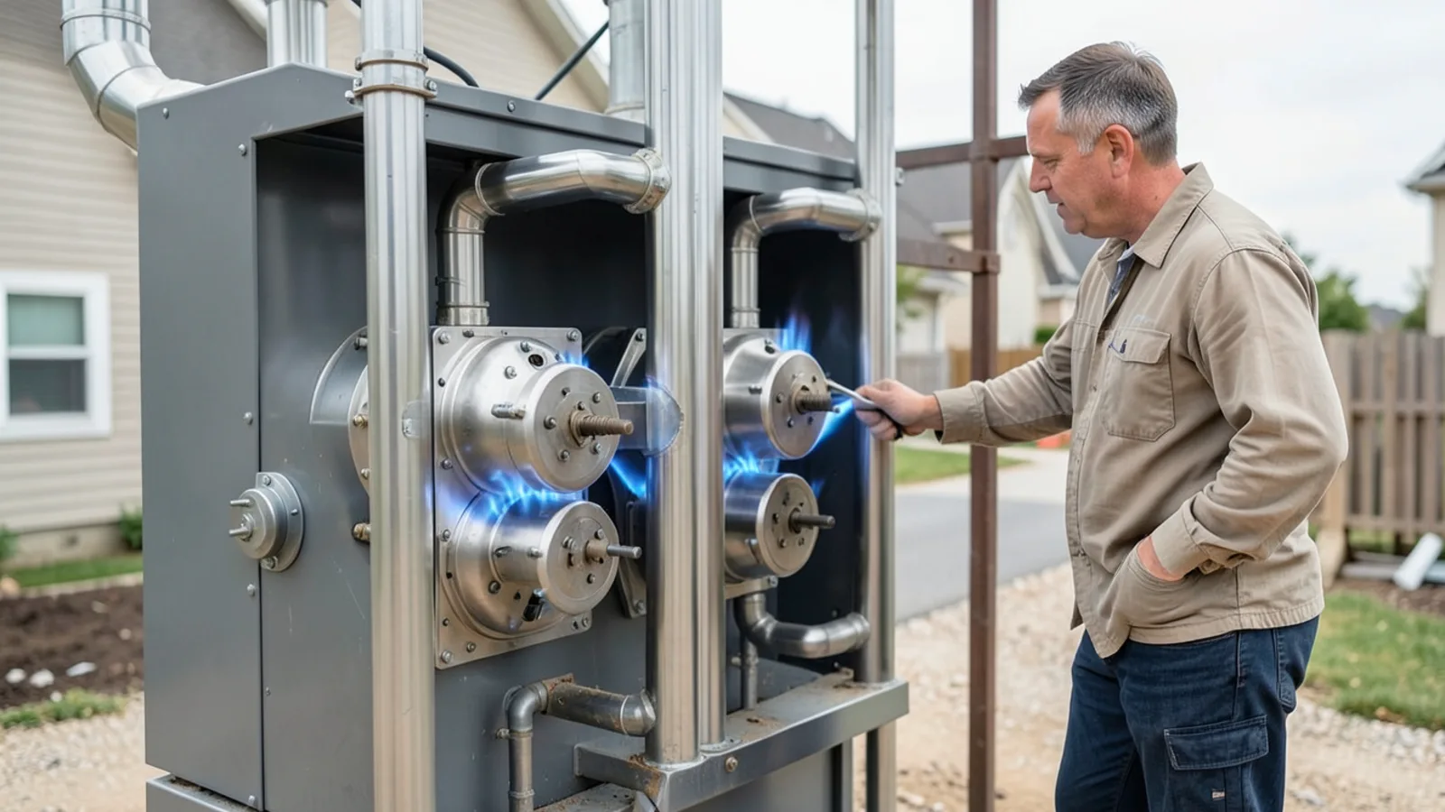 Interior combustion chamber of a gas furnace with four inshot burners firing steady blue flames across stainless steel heat exchanger tubes