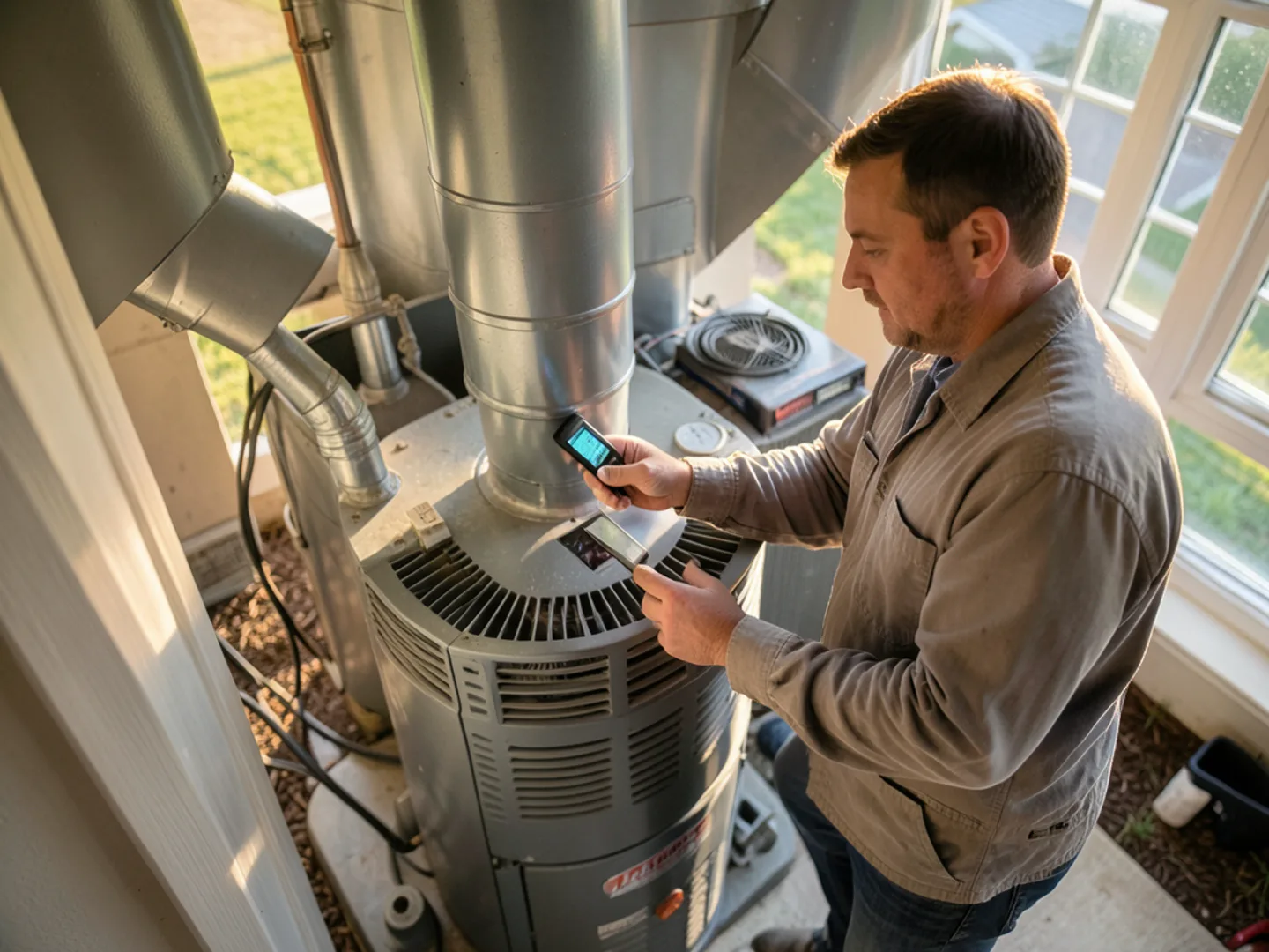 Dual digital thermometer probes inserted in supply and return duct test ports measuring delta T
