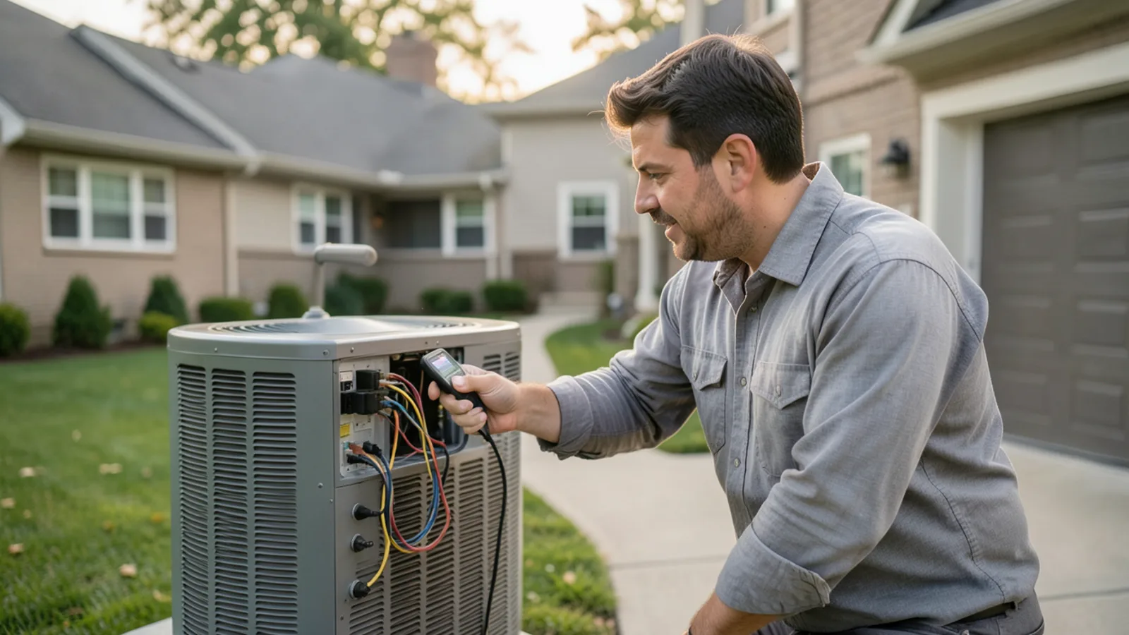 HVAC technician in slate gray work shirt inspecting electrical compartment of an outdoor cooling condenser outside a Hinsdale residence