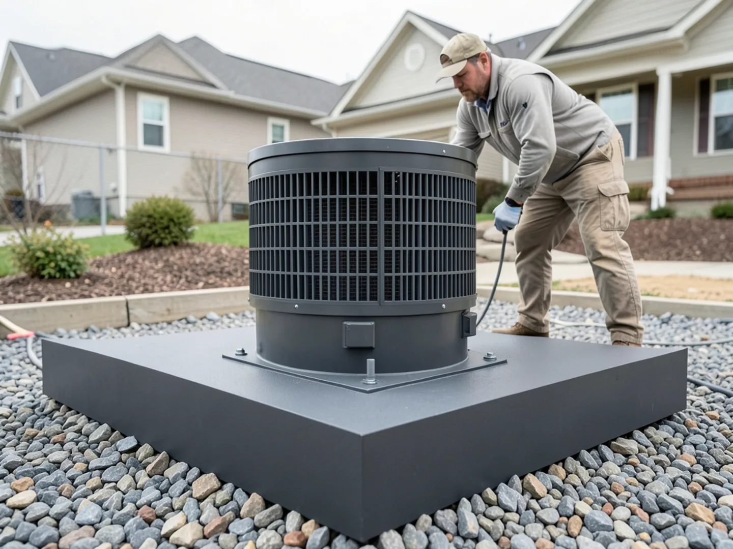 Heavy-duty ribbed composite condenser pad perfectly leveled on crushed stone base