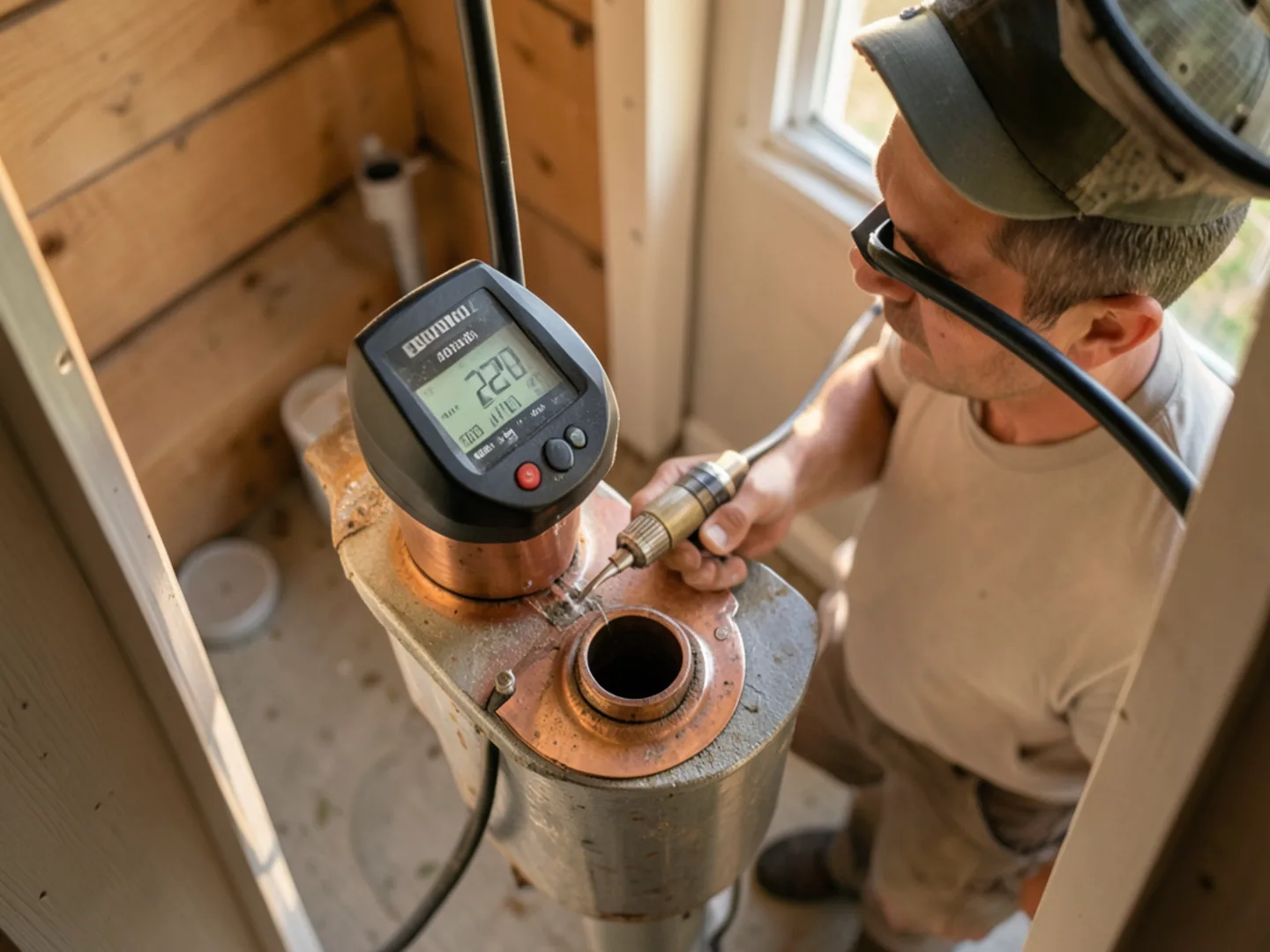 Digital micron gauge displaying deep evacuation holding steady below 400 microns