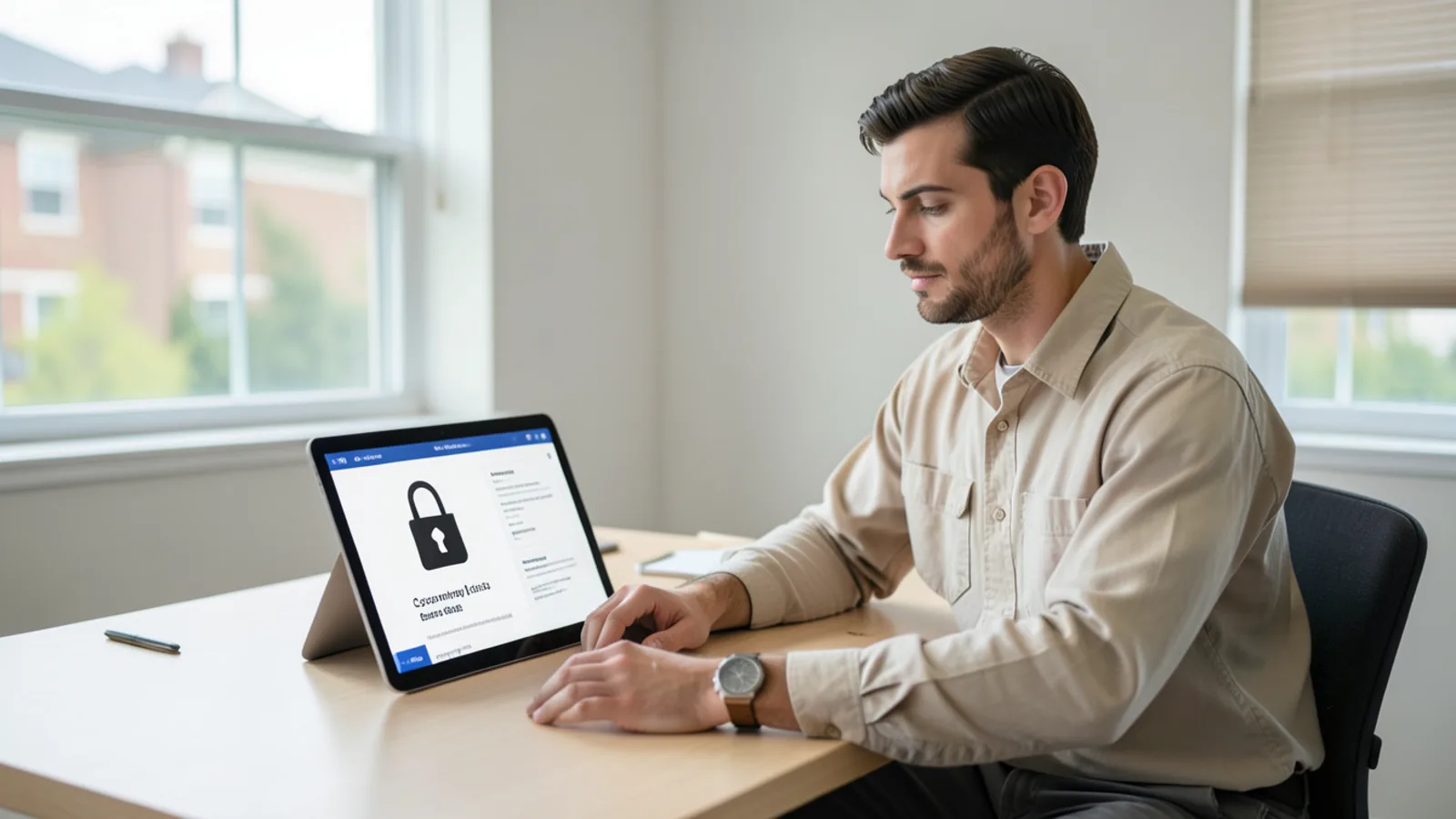 Clean office desk with secure communication tablet and privacy lock graphic