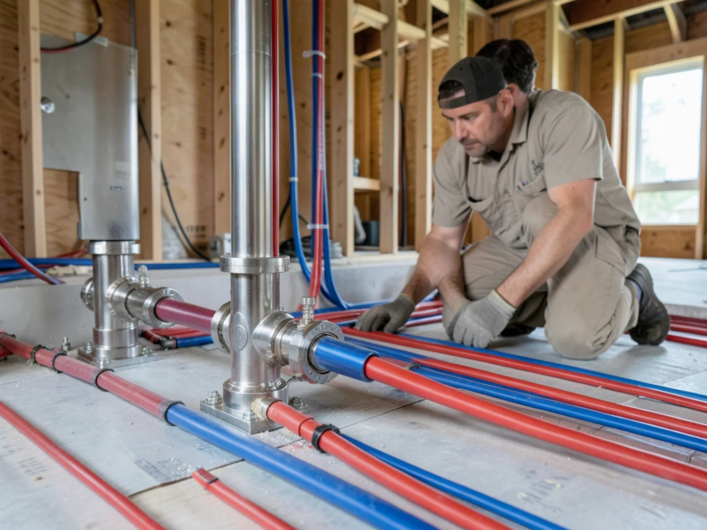 Stainless steel in-floor radiant heating manifold with red and blue PEX tubing loops
