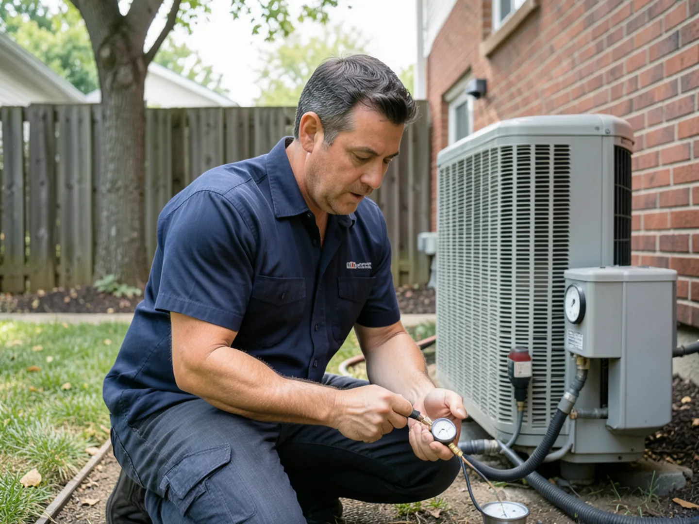 HVAC technician checking refrigerant operating pressures on outdoor condenser in suburban yard