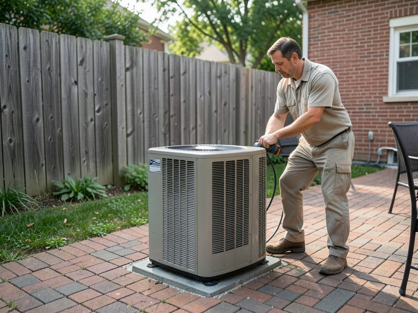 Outdoor central air condenser operating quietly on side gravel bed under shade trees