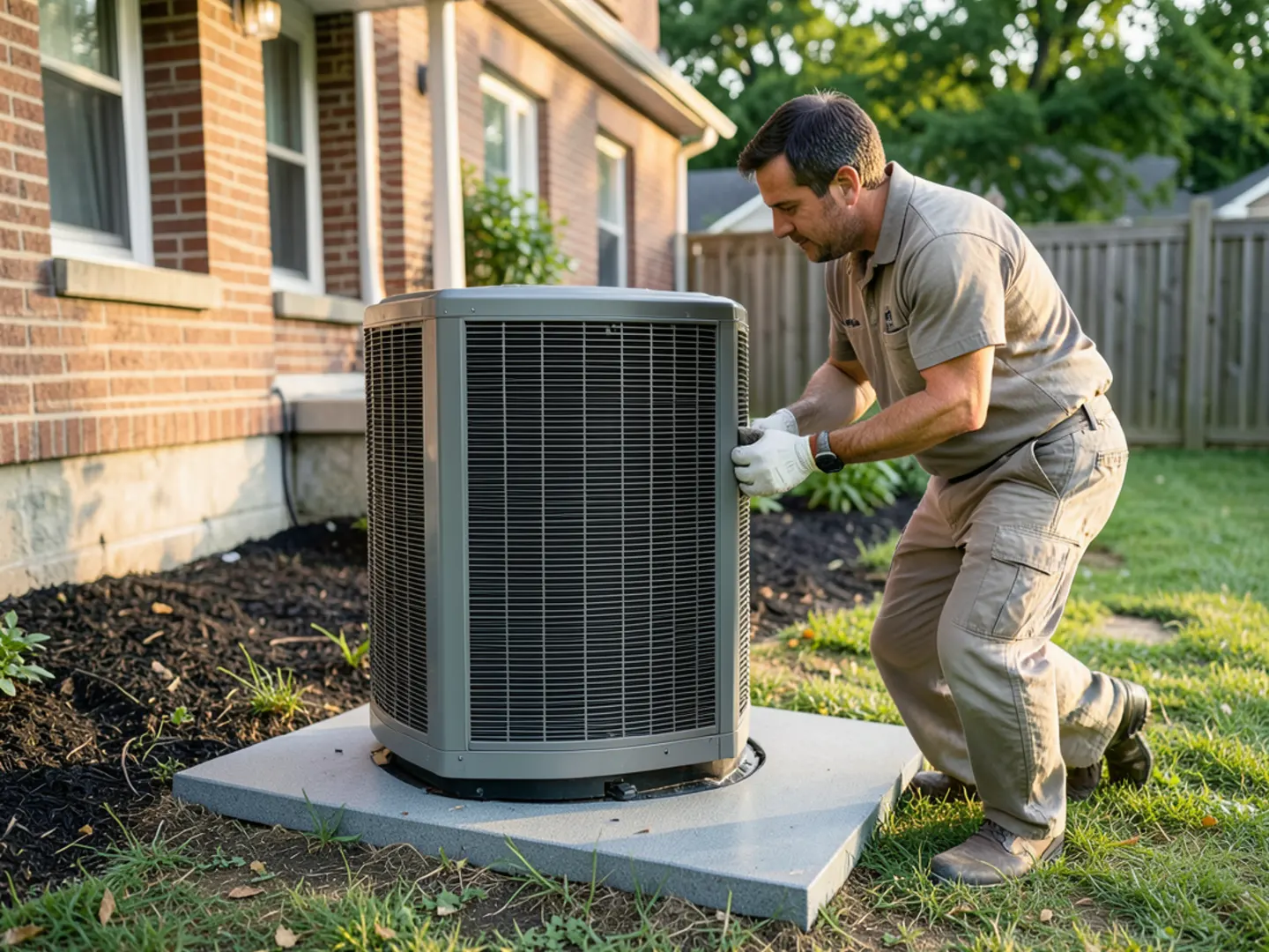 Modern high-efficiency outdoor AC condenser unit with composite top grille on gravel bed