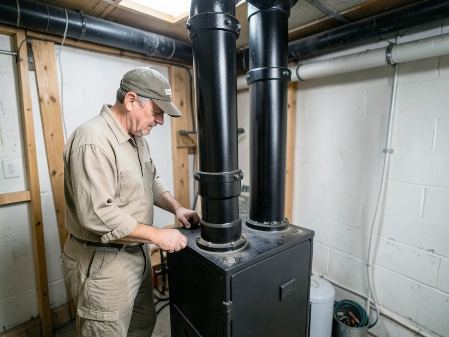 Heavy black iron drop header and equalizer piping on vintage gas steam boiler in basement
