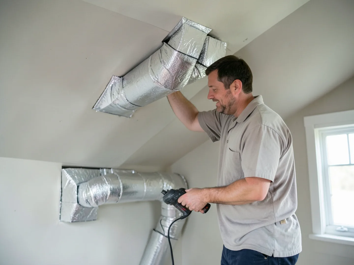 Insulated HVAC ductwork routed through Cape Cod attic knee-wall space wrapped in foil barrier