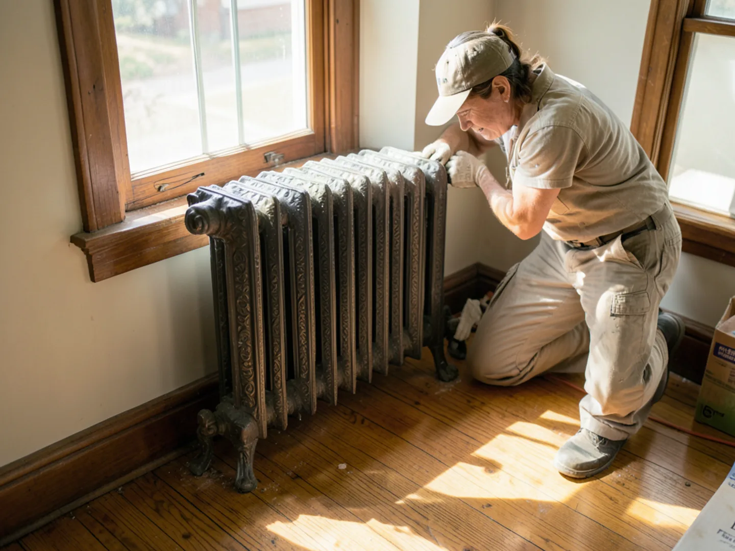 Historic cast-iron ornamental hydronic radiator in vintage Western Springs residence