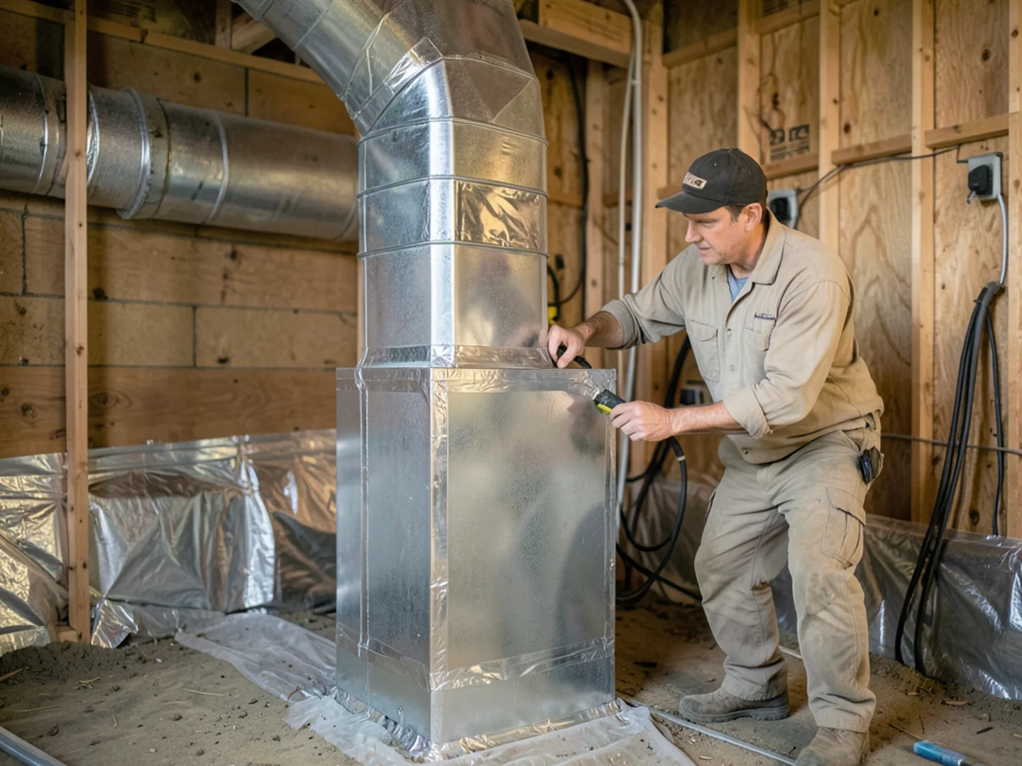 Vapor-barrier encapsulated crawlspace with insulated rigid supply trunk line suspended on piers