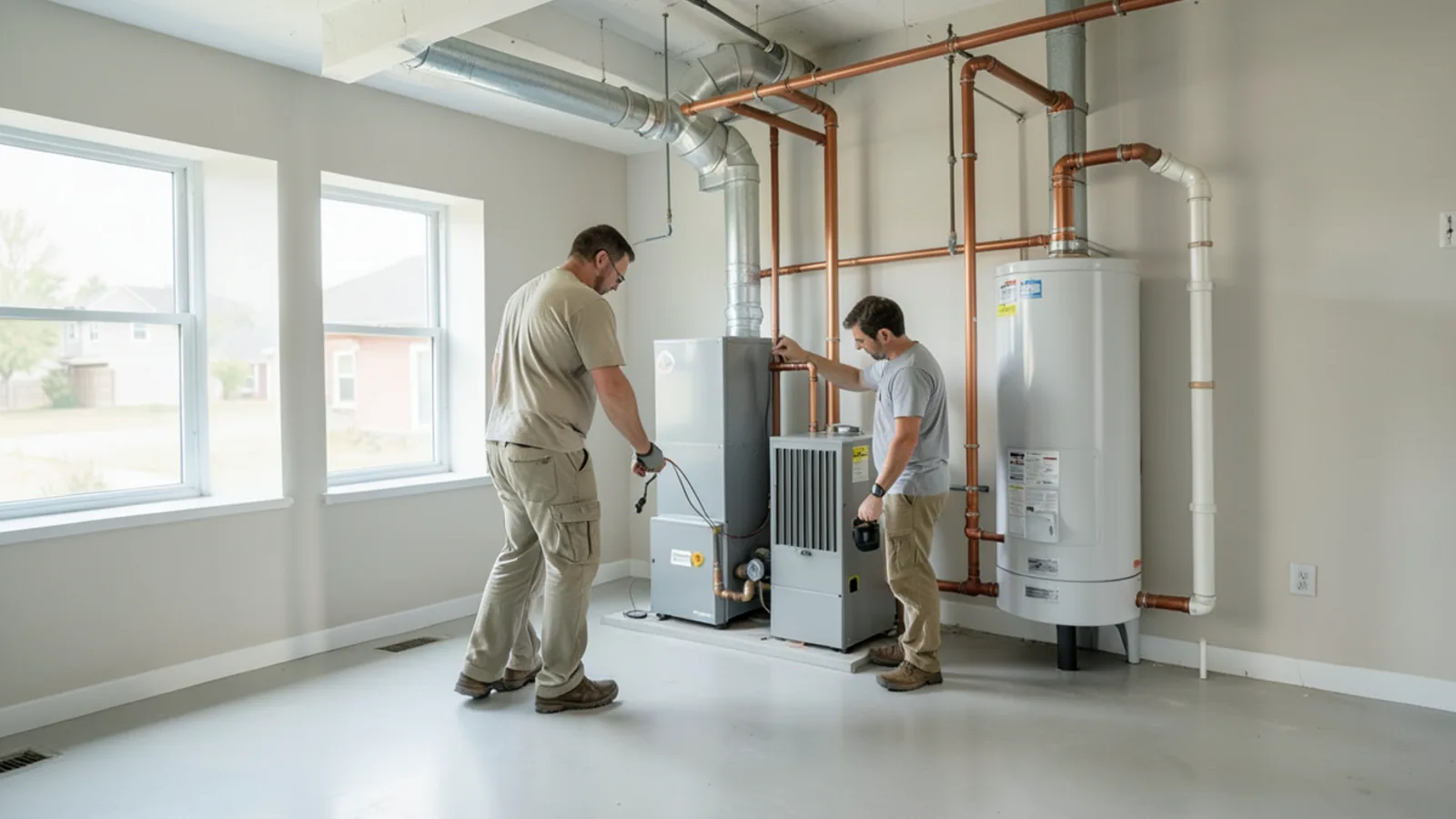 Modern residential heating and cooling mechanical room with furnace and hydronic boiler