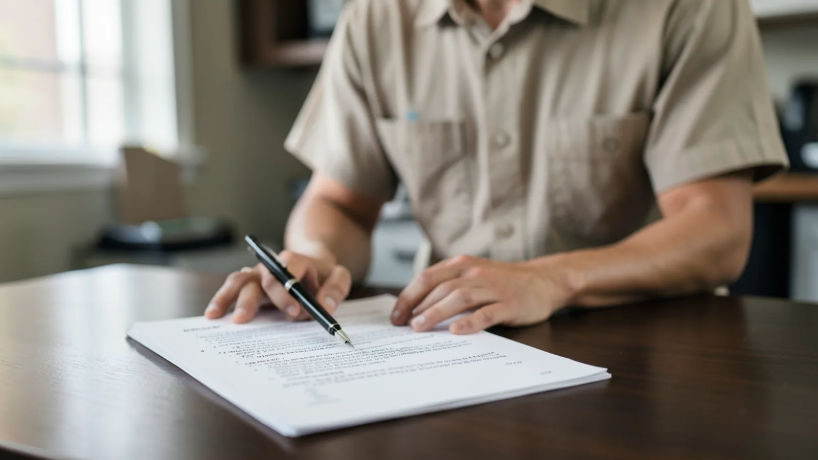 Legal document and pen on dark wood desk outlining independent contractor terms